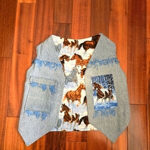 Kid's Western Denim Horse Print Open Vest Blue Fringe Cowboy Farm Ranch Rodeo